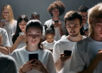 Mennesker i rækker ser i deres telefoner som det modsatte af empati