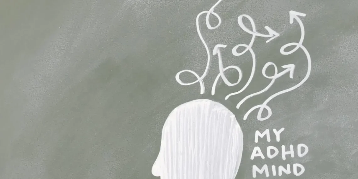 Tegnet hoved med my adhd brain og cirkler som udtryk for neurodivergent
