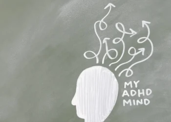 Tegnet hoved med my adhd brain og cirkler som udtryk for neurodivergent