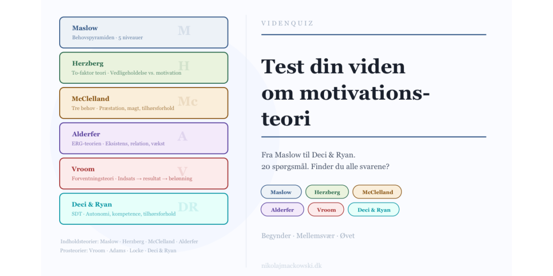 Test din viden om motivationsteori infografik på dansk.