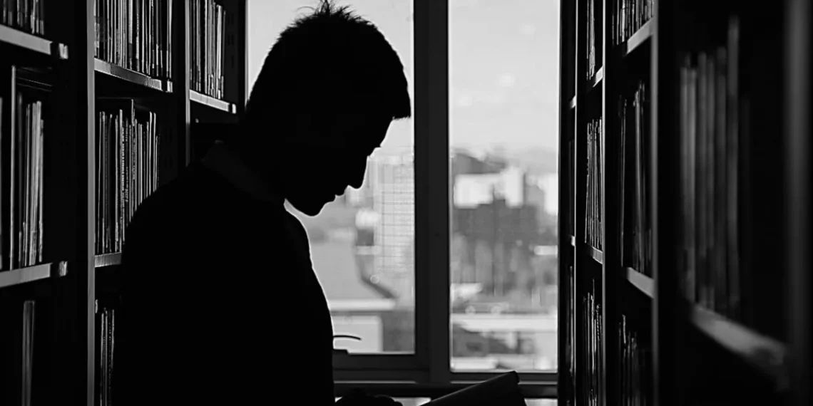 sort hvid foto af mand på bibliotek som i mentalisering