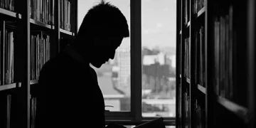 sort hvid foto af mand på bibliotek som i mentalisering