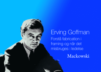 Erving Goffman i farver på blå baggrund - forstå fabrication i framing og når det misbruges i ledelse.