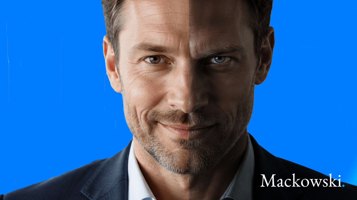 Mandlig psykopat i ledelse med todelt ansigt af Leder Nikolaj Mackowski