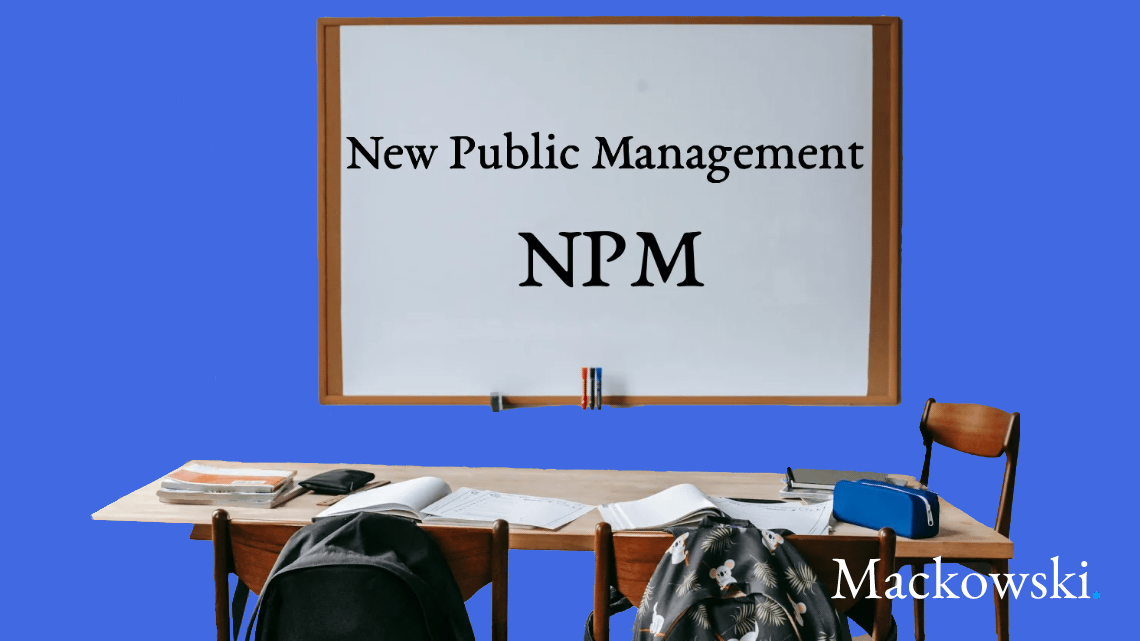 New public management NPM står skrevet på hvid skoletavle infografik