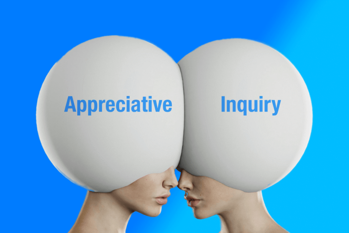 Appreciative Inquiry her 2 kvinder med æggeskaller på hovedet illustration V2.1