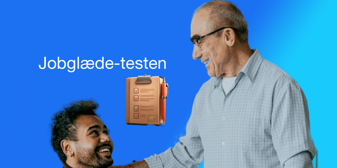 Jobglæde-test chef lægger rolig hånd på medarbejder og smiler V2.1