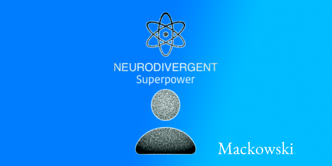 Neurodivergent superpower infografik men silhuet atom-tegn og placeholder for menneske 1140x641px