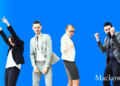 Lederstil test 4 ledere danser en slags sejrsdans på blå gradient baggrund