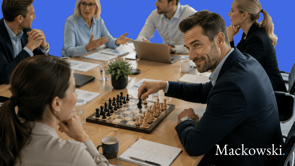 Machiavellisme test - leder snakker med medarbejder og spiller skak som udtryk for beregnende V1.1